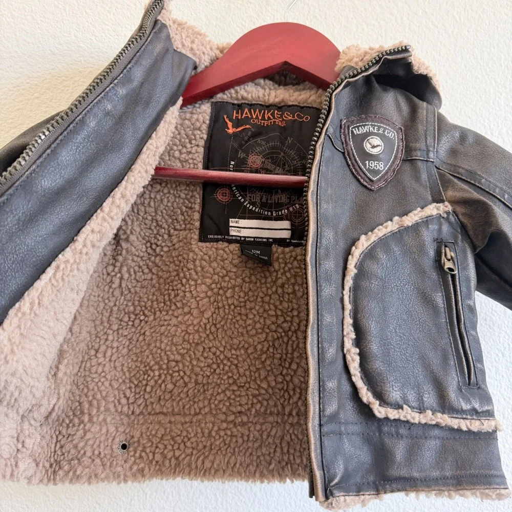 Hawke & Co Kids Brown Faux Leather Sherpa Lined Aviator Hooded Jacket 12M